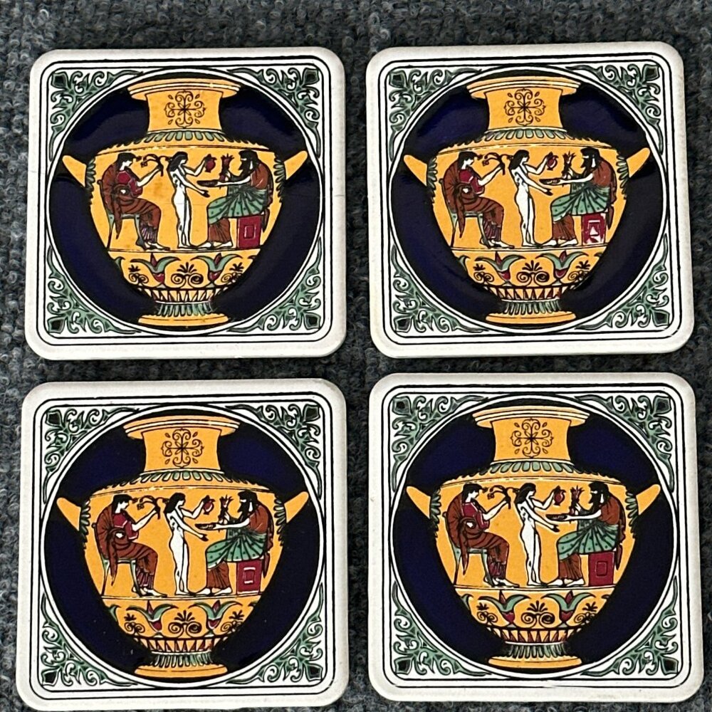 Vintage Greece Coaster Set Ceramic Colorful Mediterranean Travel Decor Set of 4